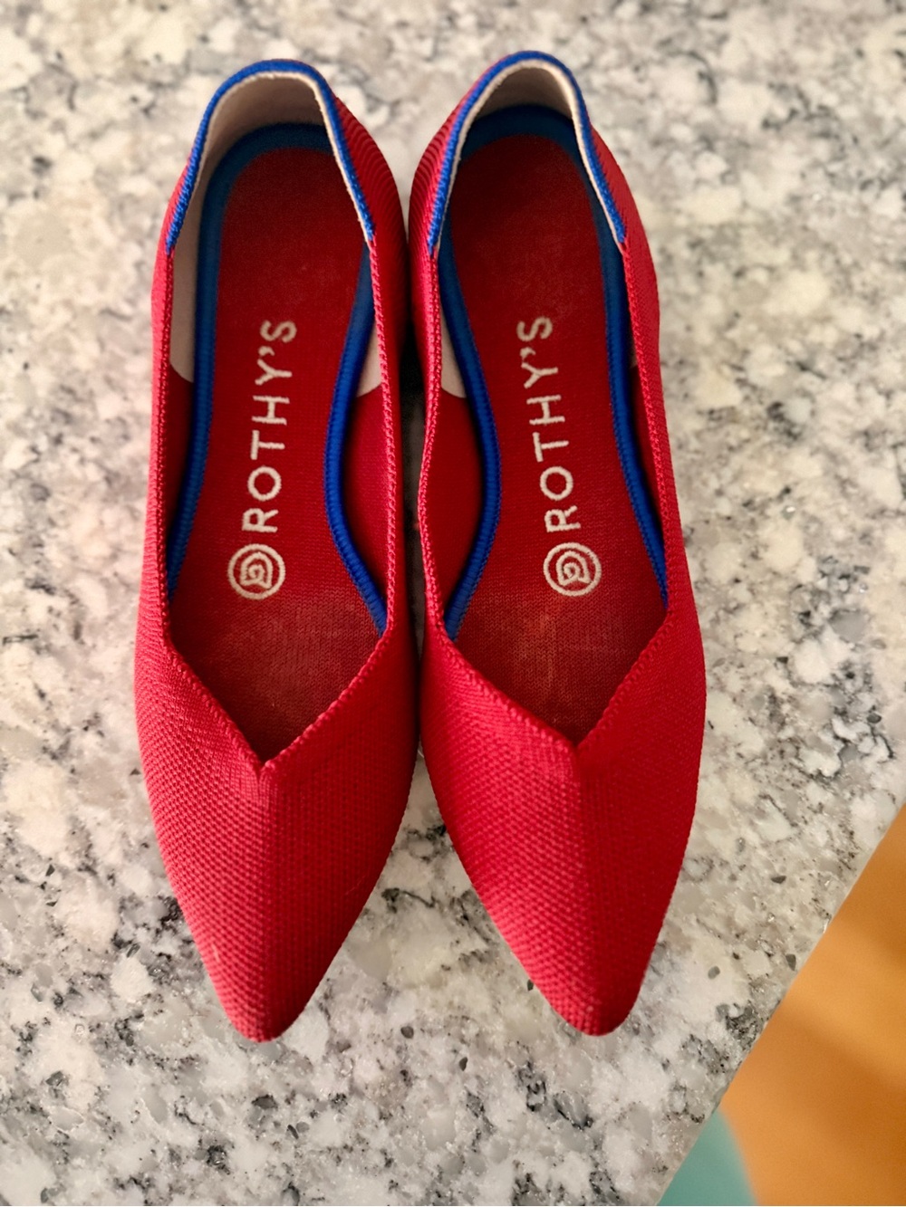 Rothy's Red Pointed Knit Flats with Blue Trim like new!
